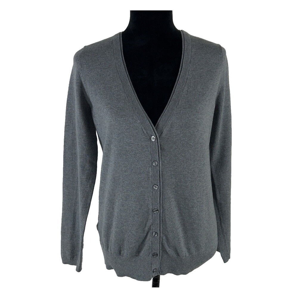 LOFT Cardigan MED Gray Long Sl Knit Fabric Buttons V Neck‎ Sweater